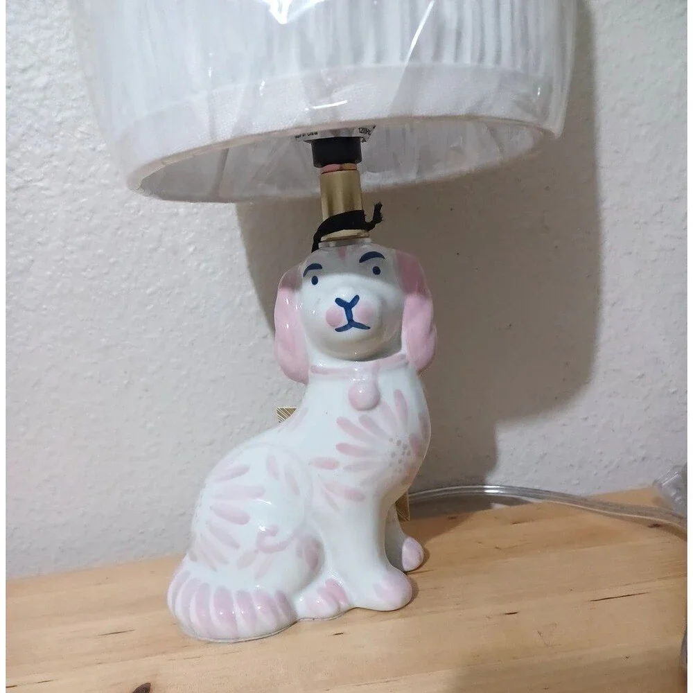 Pink Ceramic Reproduction Staffordshire Dog Figurine Mini Table Lamp NEW